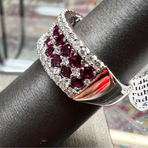 14k White Gold Diamond & Ruby Band Ring - Picture 6 of 7